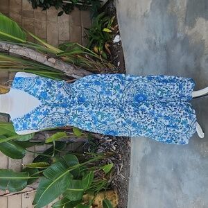 Johnny Was Cotton Button-Up Willow Blue Ruffle Tank Midi Dress Small